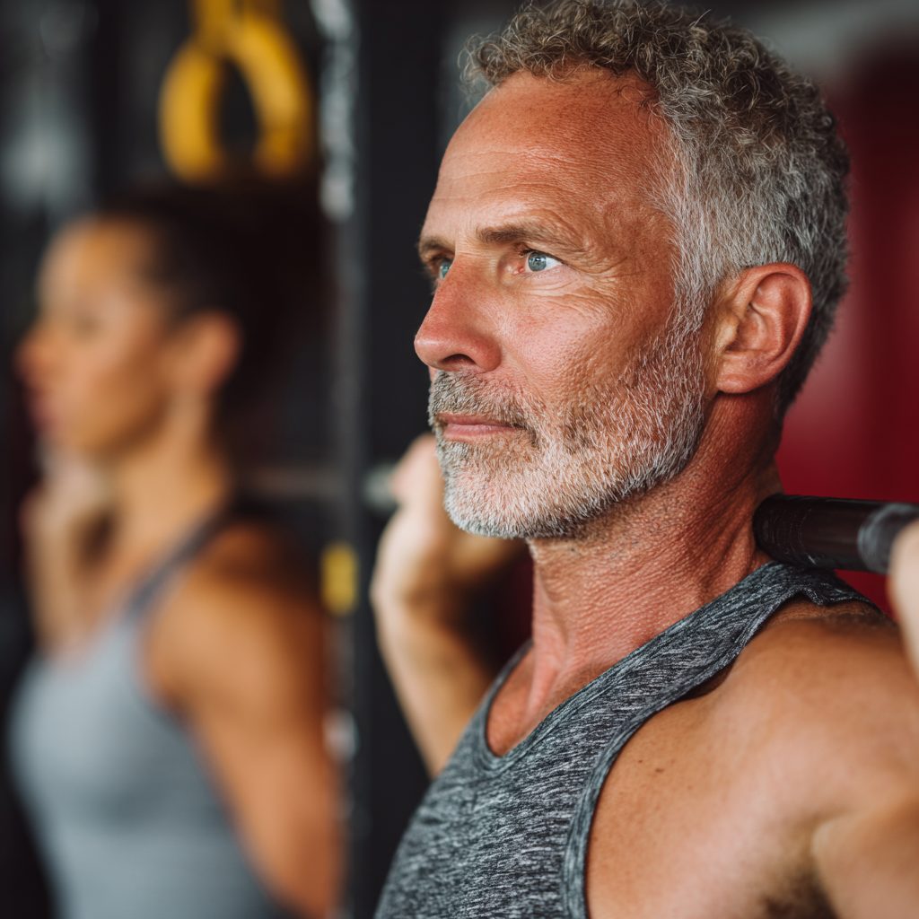 Middle-aged adults engaging in structured fitness training with proper form
